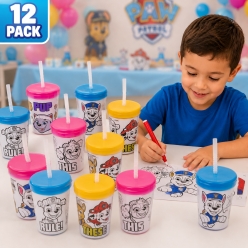 Paw Patrol Keepsake Colour In Cups w/ Lids & Straws-12Pk